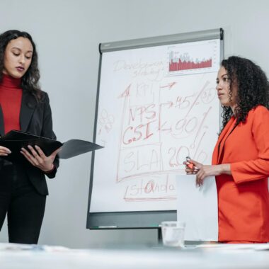 Women in Corporate Attire Standing by a Whiteboard